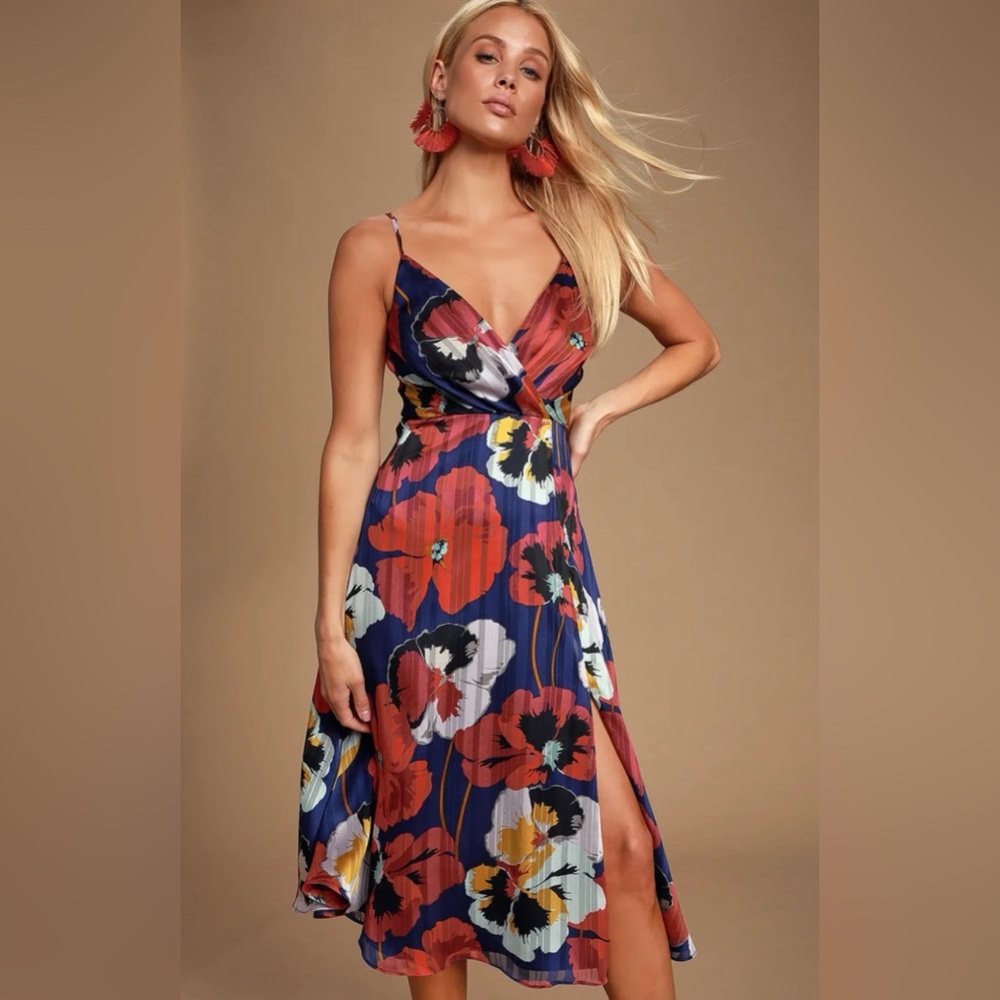 Lulu's Floral Midi Dress in Red and Blue